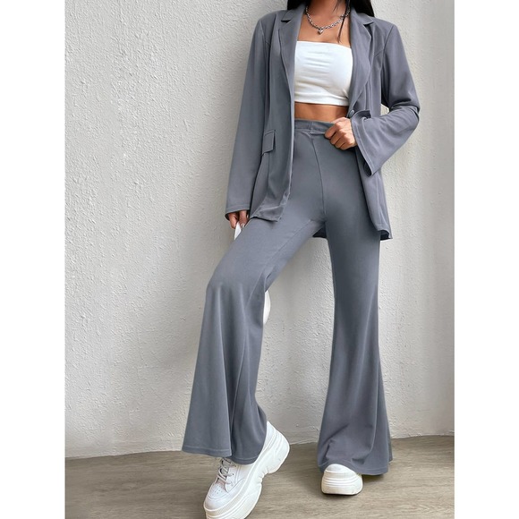 2 piece set suit single Button Blazer & Flare Leg wide leg Pants black - Picture 8 of 8